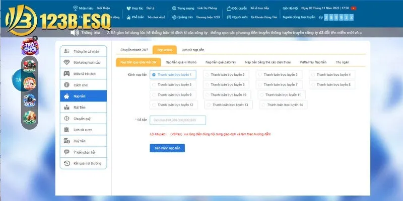 Thực hiện nạp tiền nhanh chóng qua các ví điện tử Momo/Zalo Pay/ViettelPay